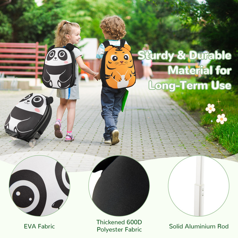 Children's Travel Set, Portable 2 Piece Luggage with Backpack & Spinner Wheels (Panda/Owl Tiger Designs)