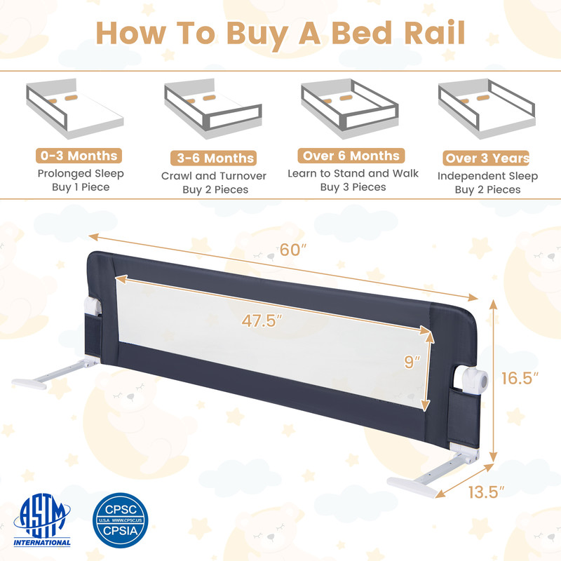 60-Inch Foldable Bed Rail, Swing Down Baby Bed Guard Rail with Adjustable Safety Strap