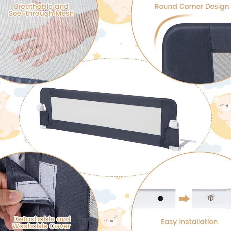 60-Inch Foldable Bed Rail, Swing Down Baby Bed Guard Rail with Adjustable Safety Strap