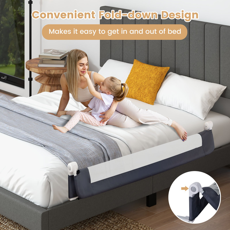 60-Inch Foldable Bed Rail, Swing Down Baby Bed Guard Rail with Adjustable Safety Strap