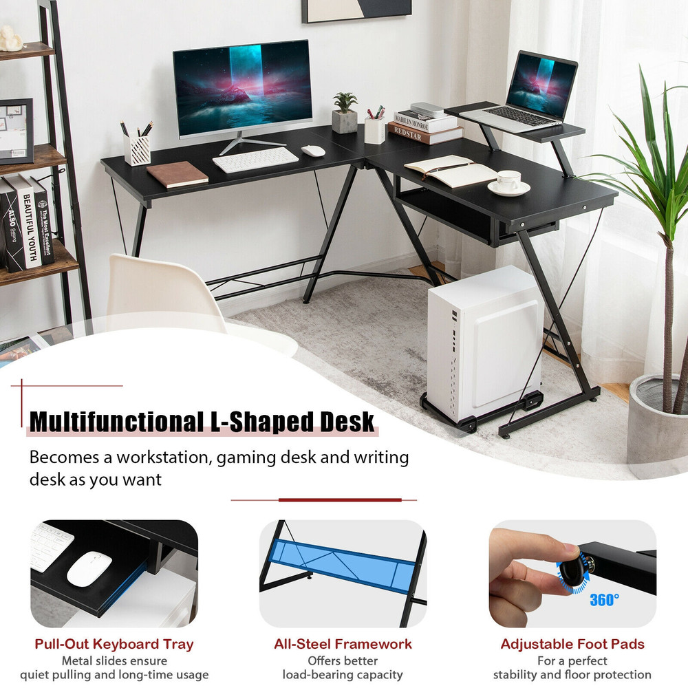 L Shaped Computer Desk with Movable Monitor Stand, 50 Corner Workstation for Home Office & Gaming
