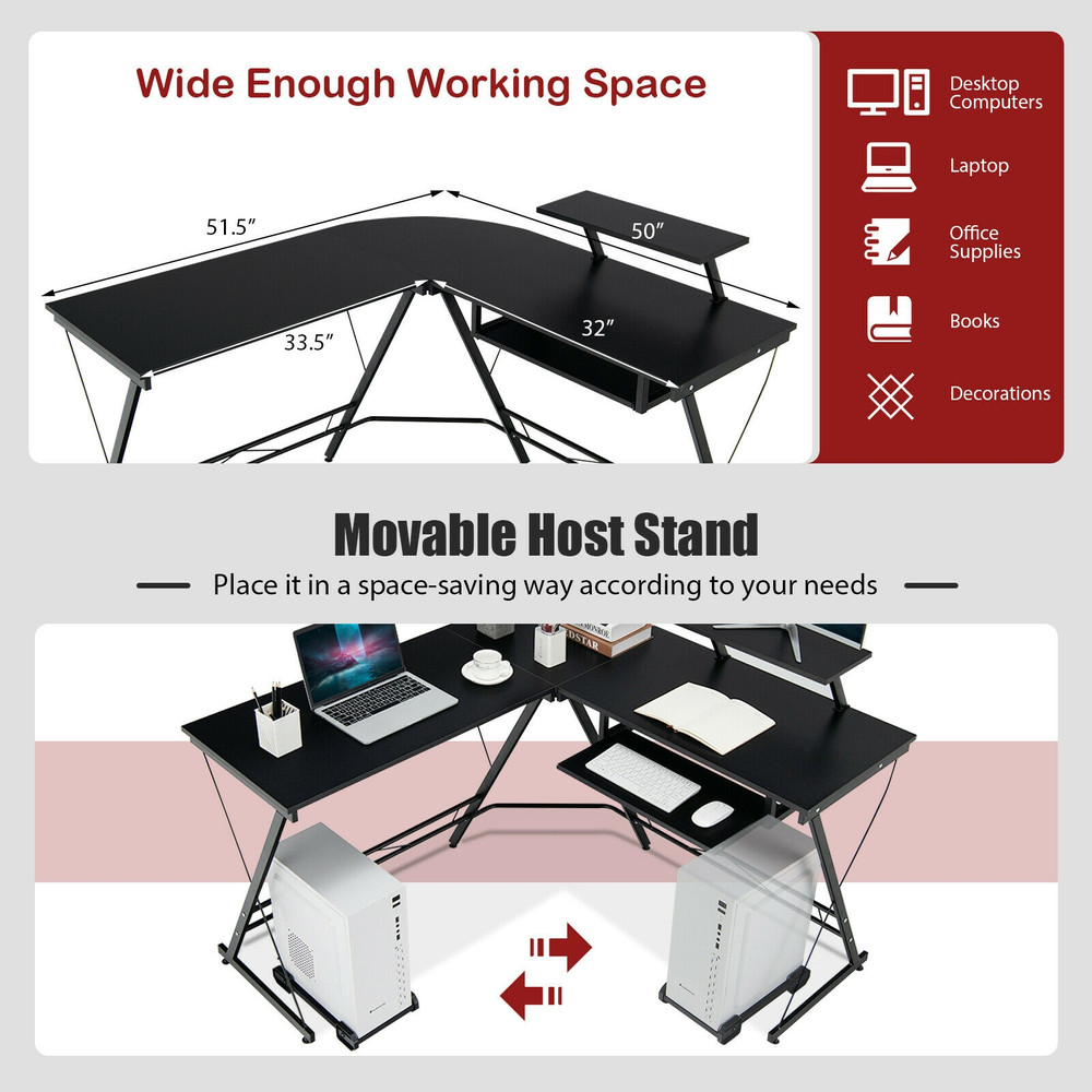 L Shaped Computer Desk with Movable Monitor Stand, 50 Corner Workstation for Home Office & Gaming