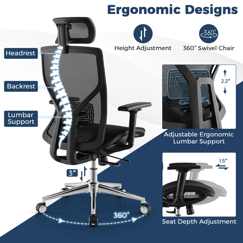 High Back Mesh Executive Chair, Adjustable Lumbar Support & Sliding Seat