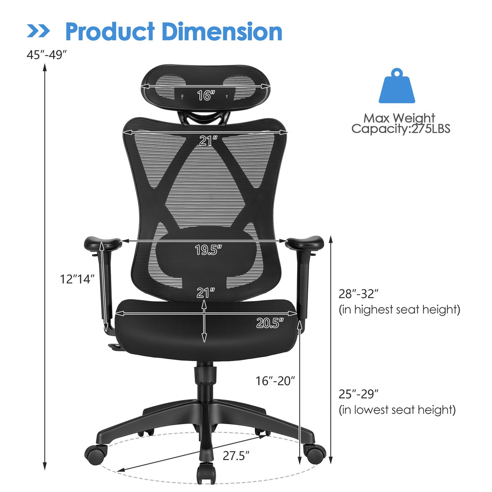 High Back Mesh Executive Chair with Adjustable Lumbar Support, 275lb Capacity Ergonomic Office Chair