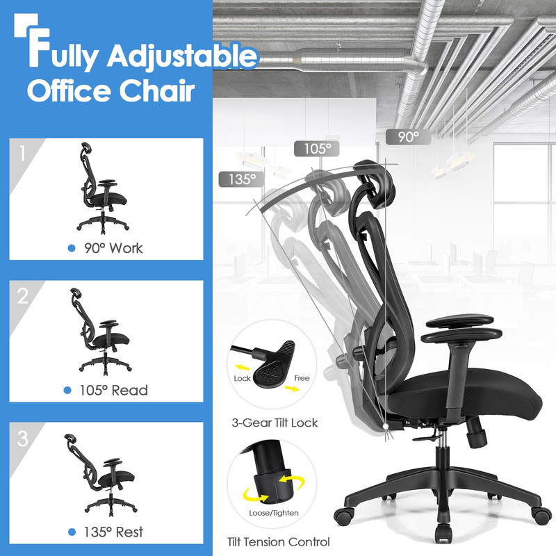 High Back Mesh Executive Chair with Adjustable Lumbar Support, 275lb Capacity Ergonomic Office Chair