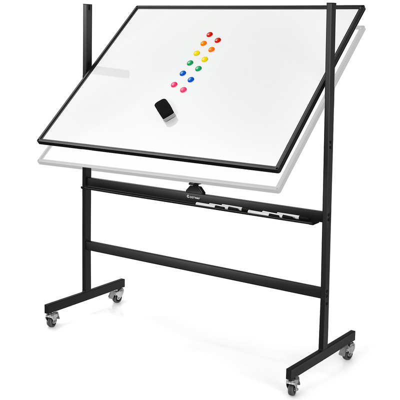 Double Sided Magnetic Whiteboard 48x36 Inches, Mobile, Adjustable Height, Reversible for Office & Classroom