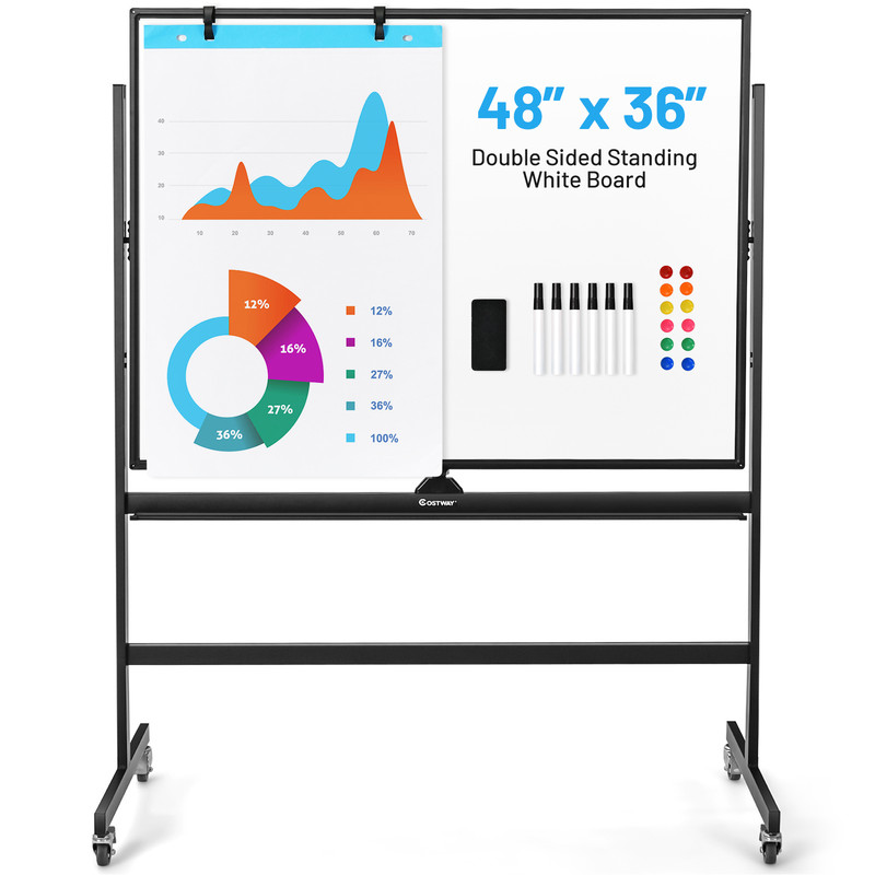 Double Sided Magnetic Whiteboard 48x36 Inches, Mobile, Adjustable Height, Reversible for Office & Classroom