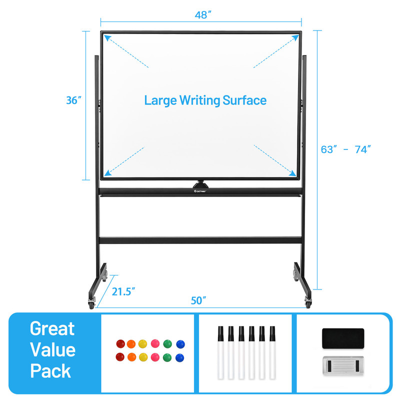 Double Sided Magnetic Whiteboard 48x36 Inches, Mobile, Adjustable Height, Reversible for Office & Classroom