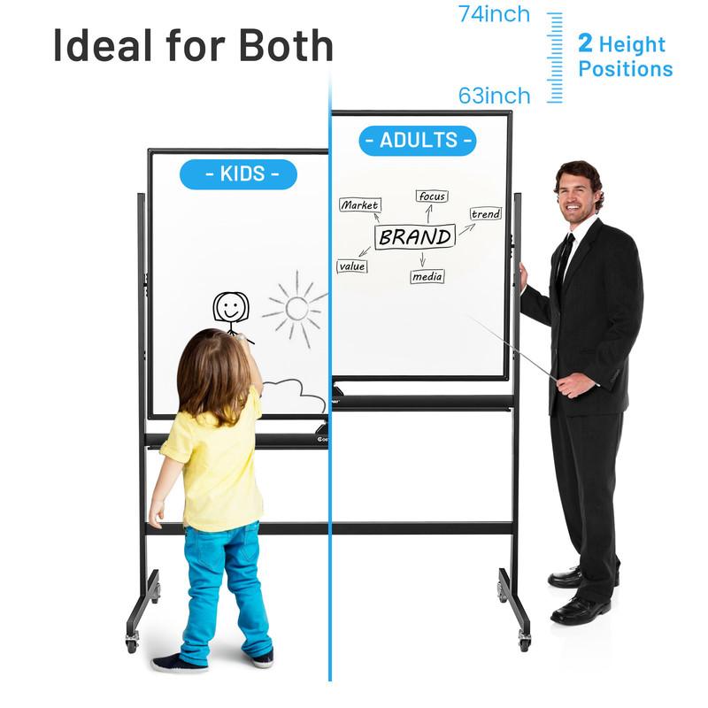 Double Sided Magnetic Whiteboard 48x36 Inches, Mobile, Adjustable Height, Reversible for Office & Classroom