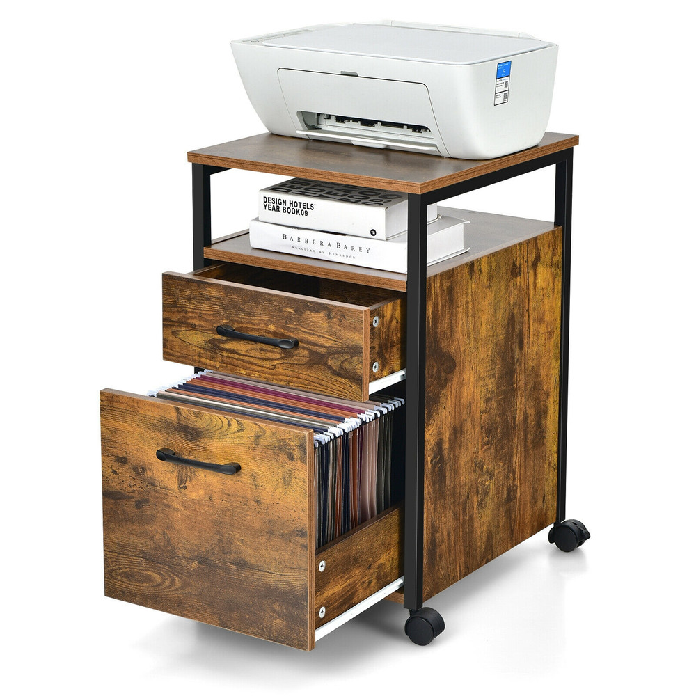 2 Drawer Mobile File Cabinet & Printer Stand with Open Shelf for Letter Size