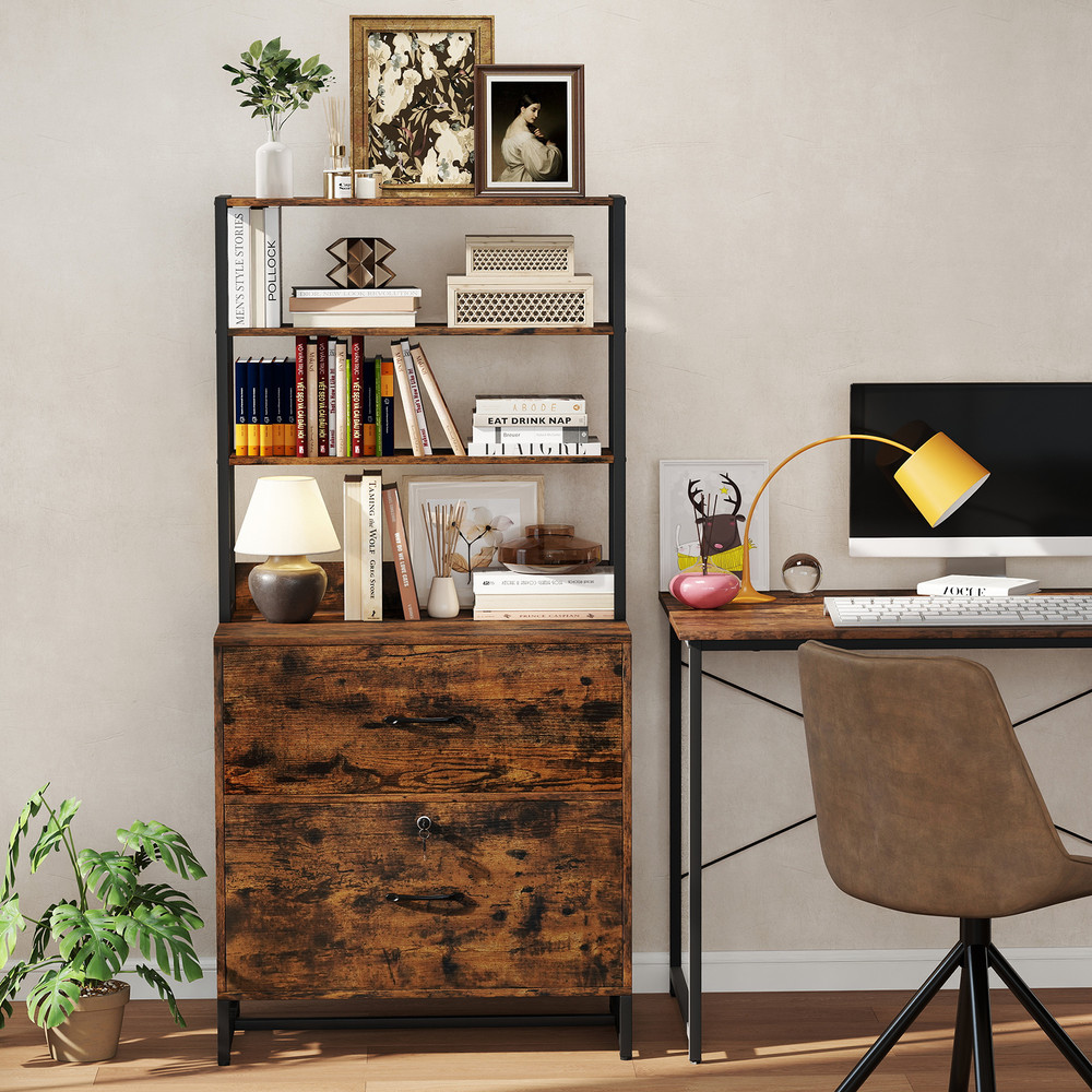Letter Size Lateral File Cabinet with Lock & Bookshelf Industrial Office Storage