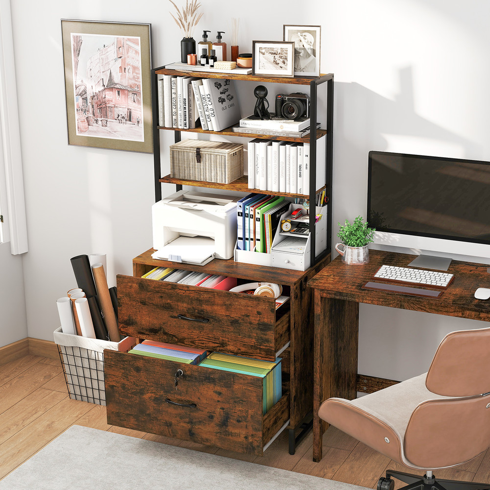 Letter Size Lateral File Cabinet with Lock & Bookshelf Industrial Office Storage
