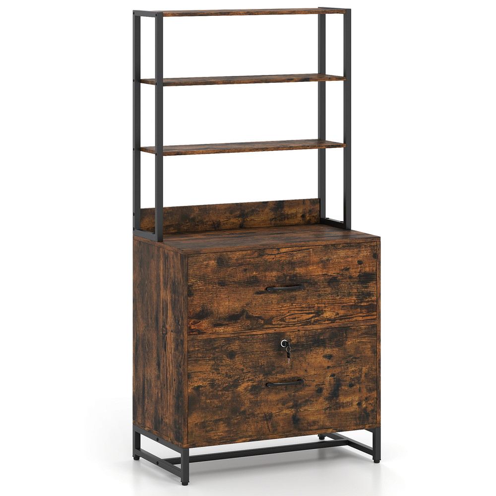 Letter Size Lateral File Cabinet with Lock & Bookshelf Industrial Office Storage