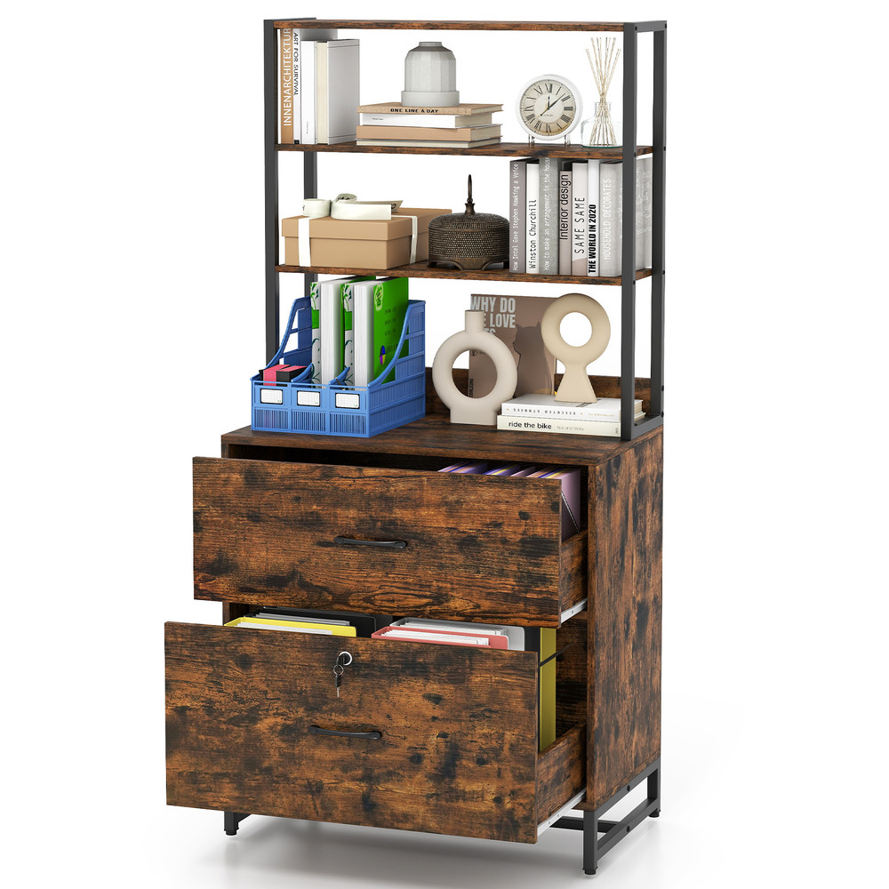 Letter Size Lateral File Cabinet with Lock & Bookshelf Industrial Office Storage
