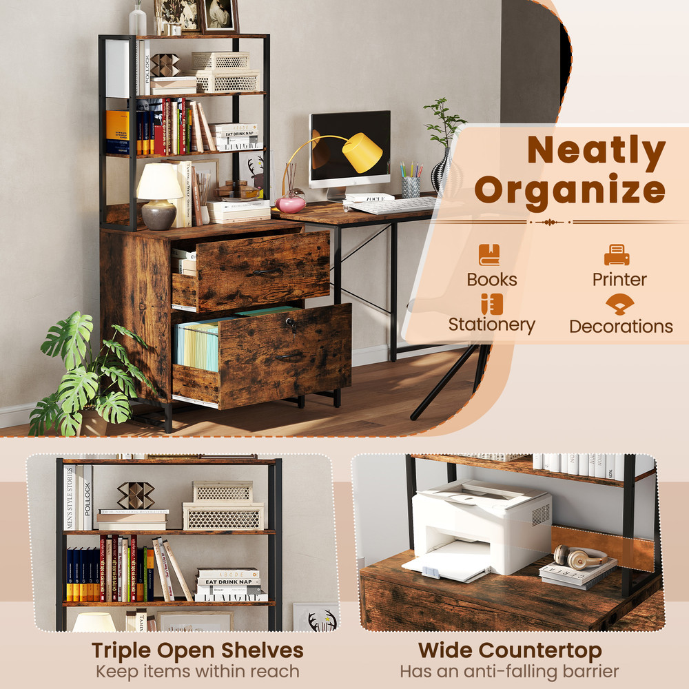 Letter Size Lateral File Cabinet with Lock & Bookshelf Industrial Office Storage