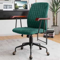 velvet home office chair with wooden armrest, retro swivel computer desk chair with casters for study, makeup