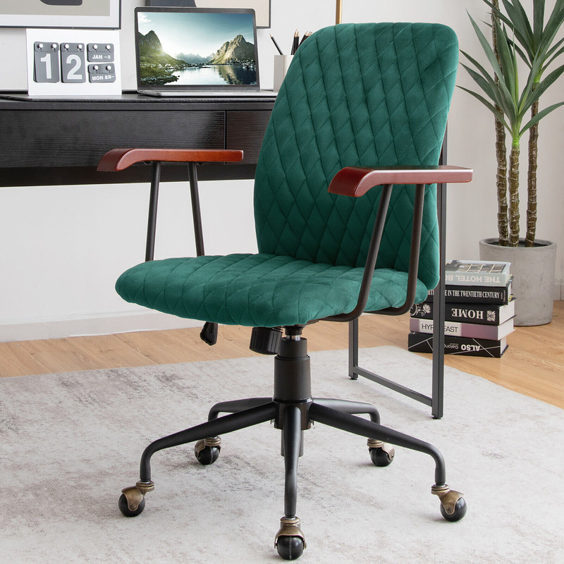 Velvet Home Office Chair with Wooden Armrest, Retro Swivel Computer Desk Chair with Casters for Study, Makeup