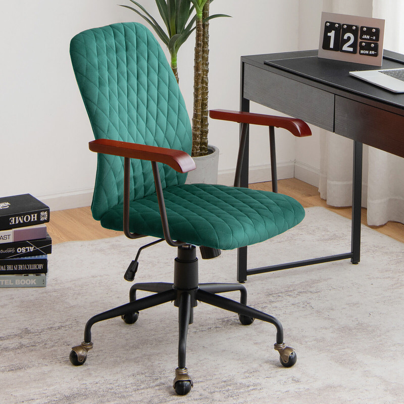 Velvet Home Office Chair with Wooden Armrest, Retro Swivel Computer Desk Chair with Casters for Study, Makeup