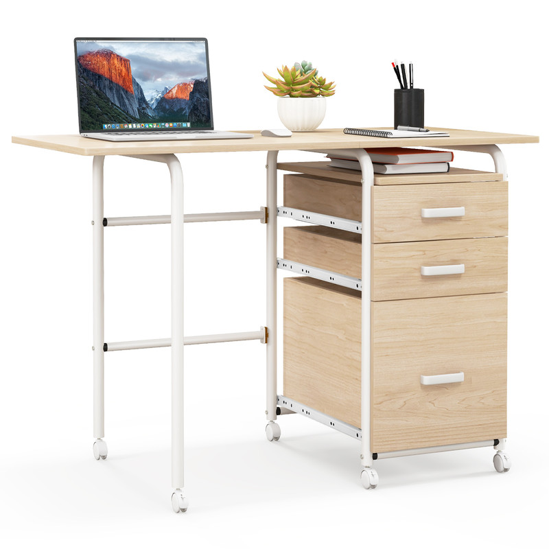 Home Office Folding Computer Laptop Desk Wheeled Table with Drawers Storage, Space Saving Modern Workstation