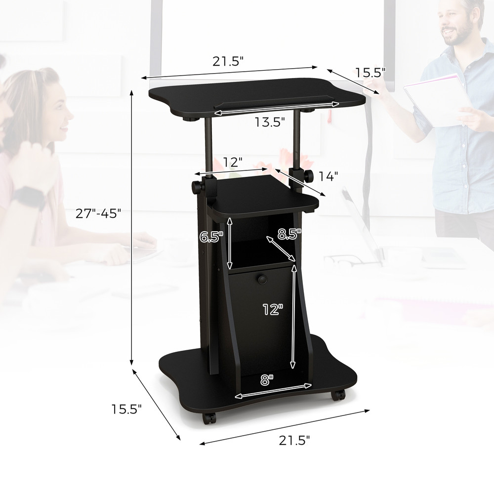 Adjustable Mobile Standing Desk Cart with Tilt Desktop and Cabinet Black