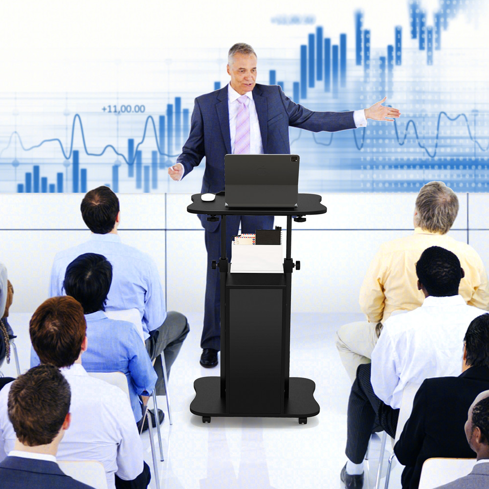 Adjustable Mobile Standing Desk Cart with Tilt Desktop and Cabinet Black