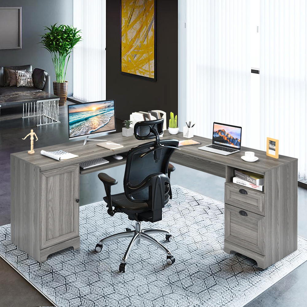 L Shaped Writing Desk with Drawers Corner Computer Workstation Table for Home Office
