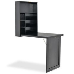 wall mounted fold out convertible floating desk space saver, compact home office laptop workstation with storage shelves