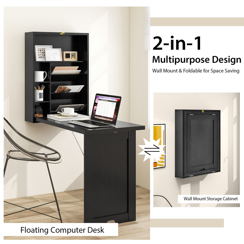 Wall Mounted Fold Out Convertible Floating Desk Space Saver, Compact Home Office Laptop Workstation with Storage Shelves