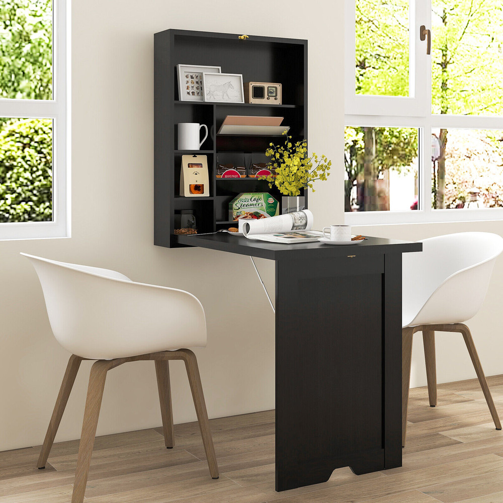 Wall Mounted Fold Out Convertible Floating Desk Space Saver, Compact Home Office Laptop Workstation with Storage Shelves