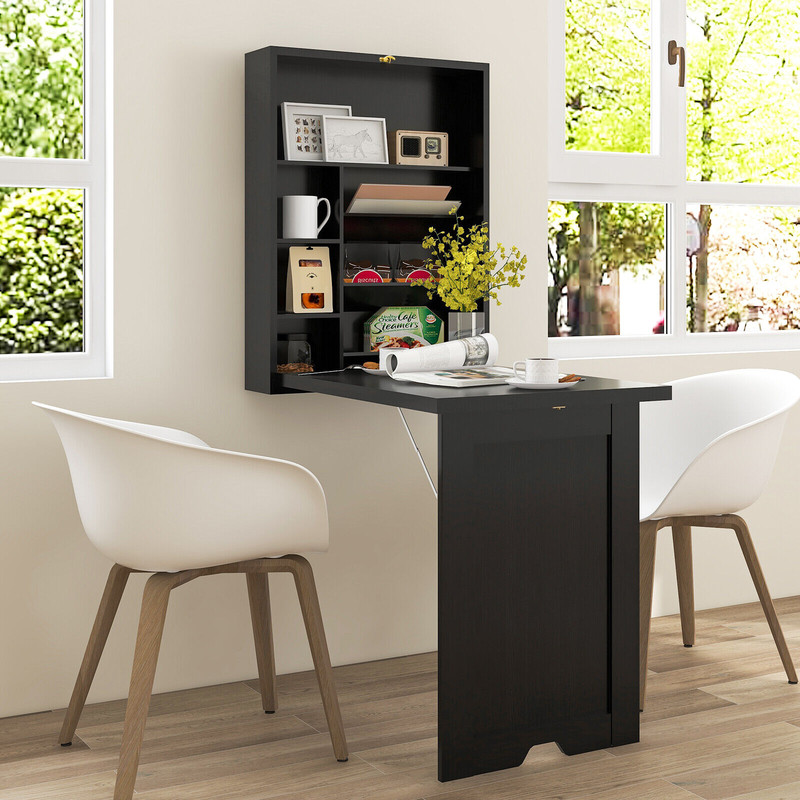 Wall Mounted Fold Out Convertible Floating Desk Space Saver, Compact Home Office Laptop Workstation with Storage Shelves