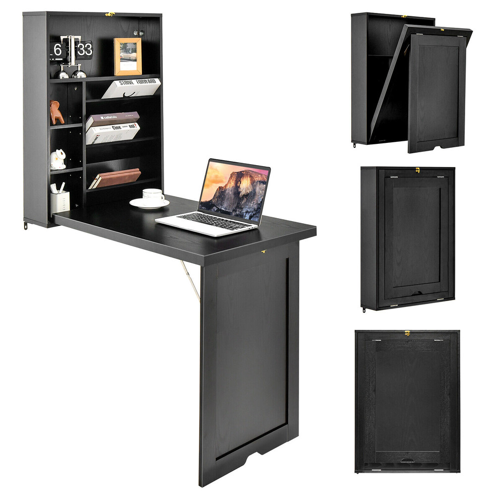 Wall Mounted Fold Out Convertible Floating Desk Space Saver, Compact Home Office Laptop Workstation with Storage Shelves