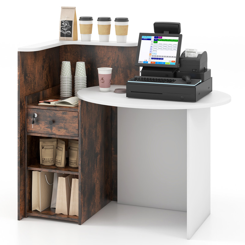 Reception Office Desk with Open Shelf & Lockable Drawer, Modern Front Counter for Home, Office, Salon, Retail Stores