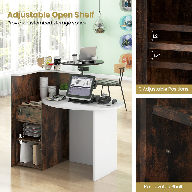 Reception Office Desk with Open Shelf & Lockable Drawer, Modern Front Counter for Home, Office, Salon, Retail Stores