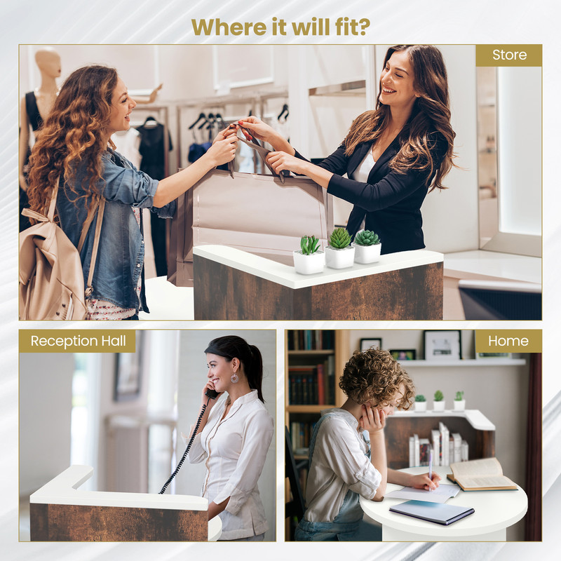 Reception Office Desk with Open Shelf & Lockable Drawer, Modern Front Counter for Home, Office, Salon, Retail Stores