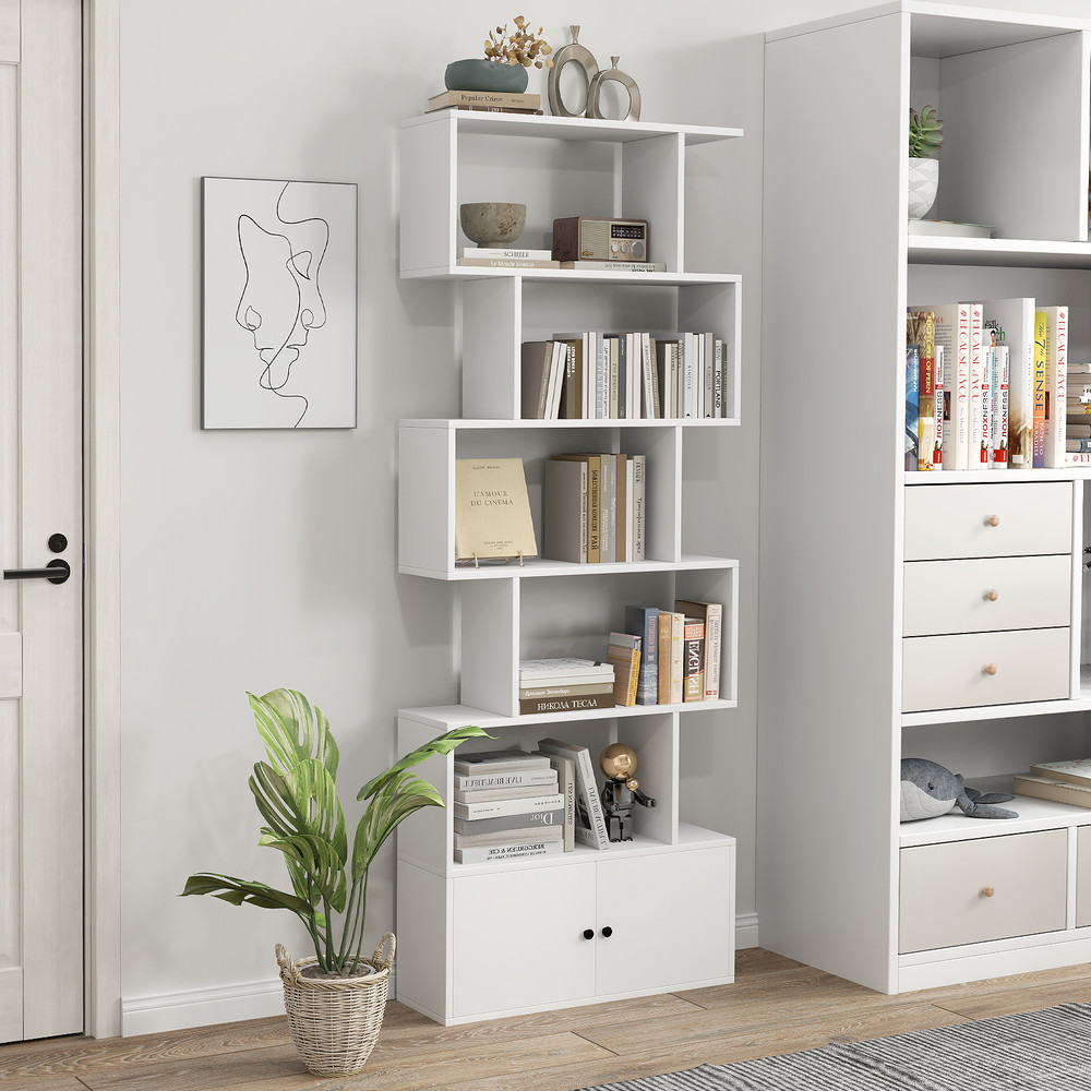 S Shaped Freestanding Bookshelf with Cabinet and Doors, Modern Display Bookcase for Living Room, Bedroom & Home