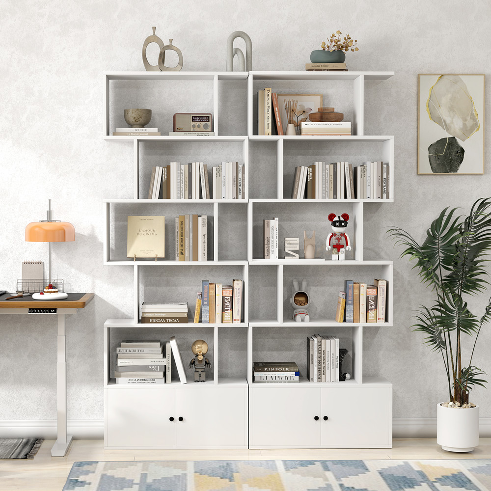 S Shaped Freestanding Bookshelf with Cabinet and Doors, Modern Display Bookcase for Living Room, Bedroom & Home