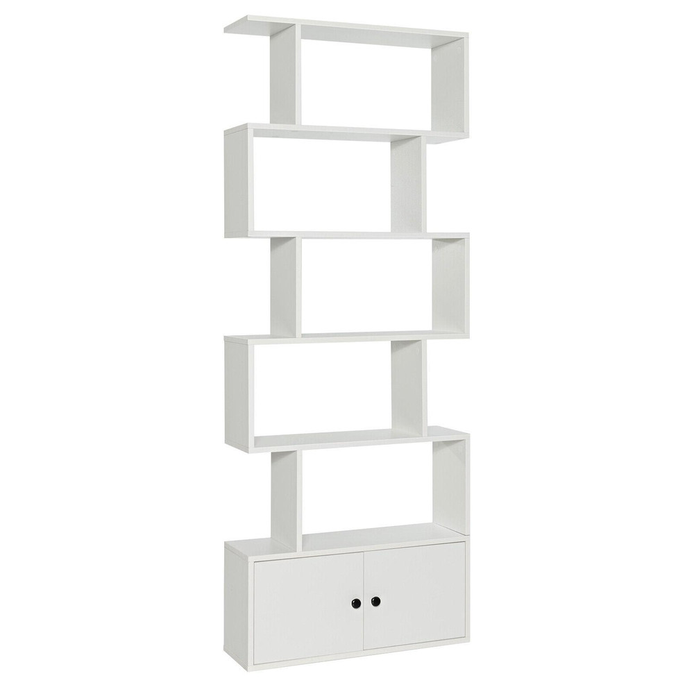 S Shaped Freestanding Bookshelf with Cabinet and Doors, Modern Display Bookcase for Living Room, Bedroom & Home