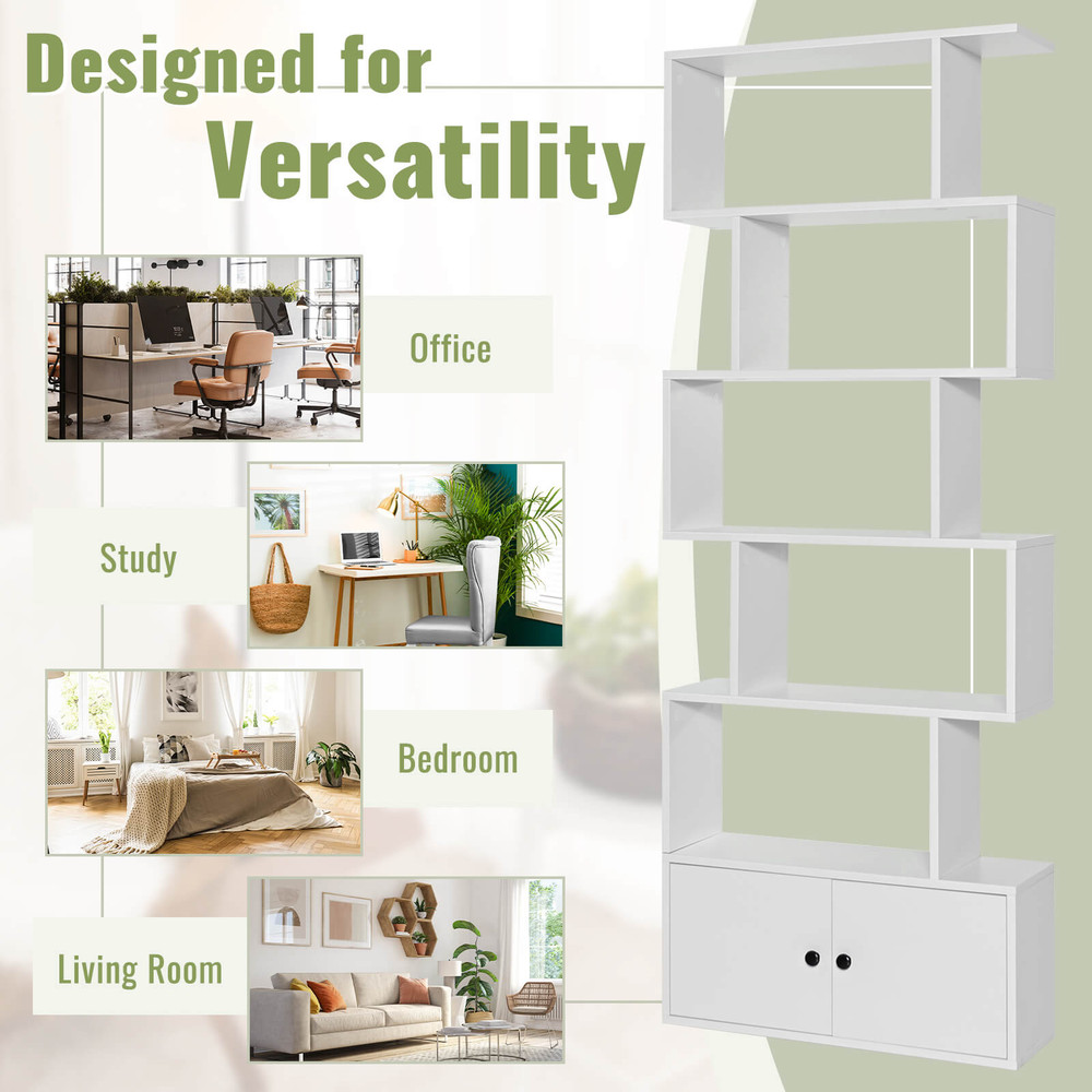 S Shaped Freestanding Bookshelf with Cabinet and Doors, Modern Display Bookcase for Living Room, Bedroom & Home