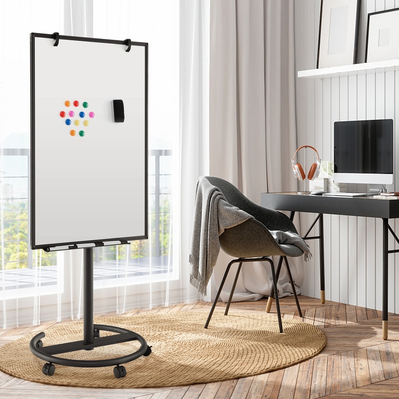 Height Adjustable Mobile Whiteboard with Round Stand, Locking Wheels, Paper Clips, Markers & Tray, Rolling Magnetic Dry