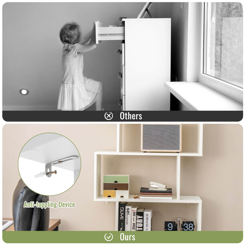 S Shaped Freestanding Bookshelf with Cabinet and Doors, Modern Display Bookcase for Living Room, Bedroom & Home