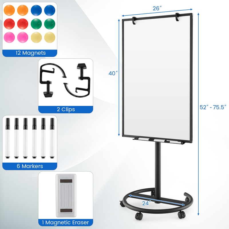 Height Adjustable Mobile Whiteboard with Round Stand, Locking Wheels, Paper Clips, Markers & Tray, Rolling Magnetic Dry