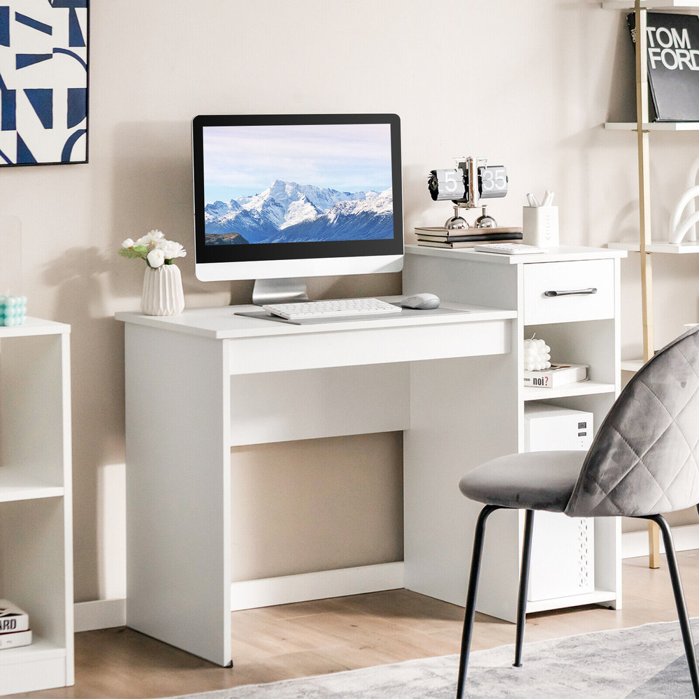 Compact Computer Desk with Drawer and CPU Stand, Modern Writing Table with Storage Shelf for Home Office