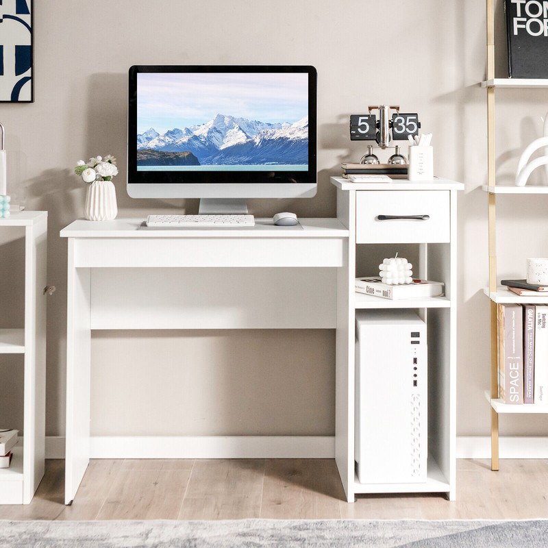 Compact Computer Desk with Drawer and CPU Stand, Modern Writing Table with Storage Shelf for Home Office