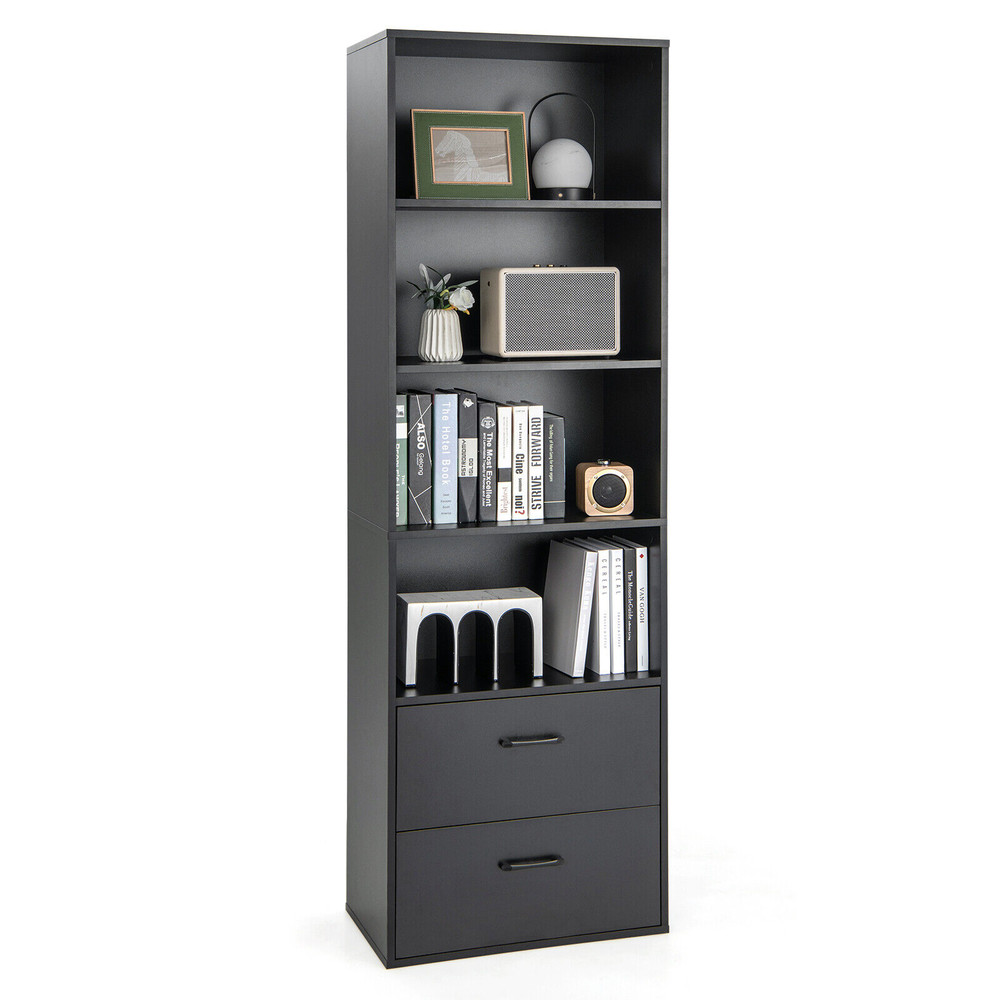 Tall Freestanding Bookshelf With 4 Open Shelves 2 Drawers Modern Storage Cabinet 4