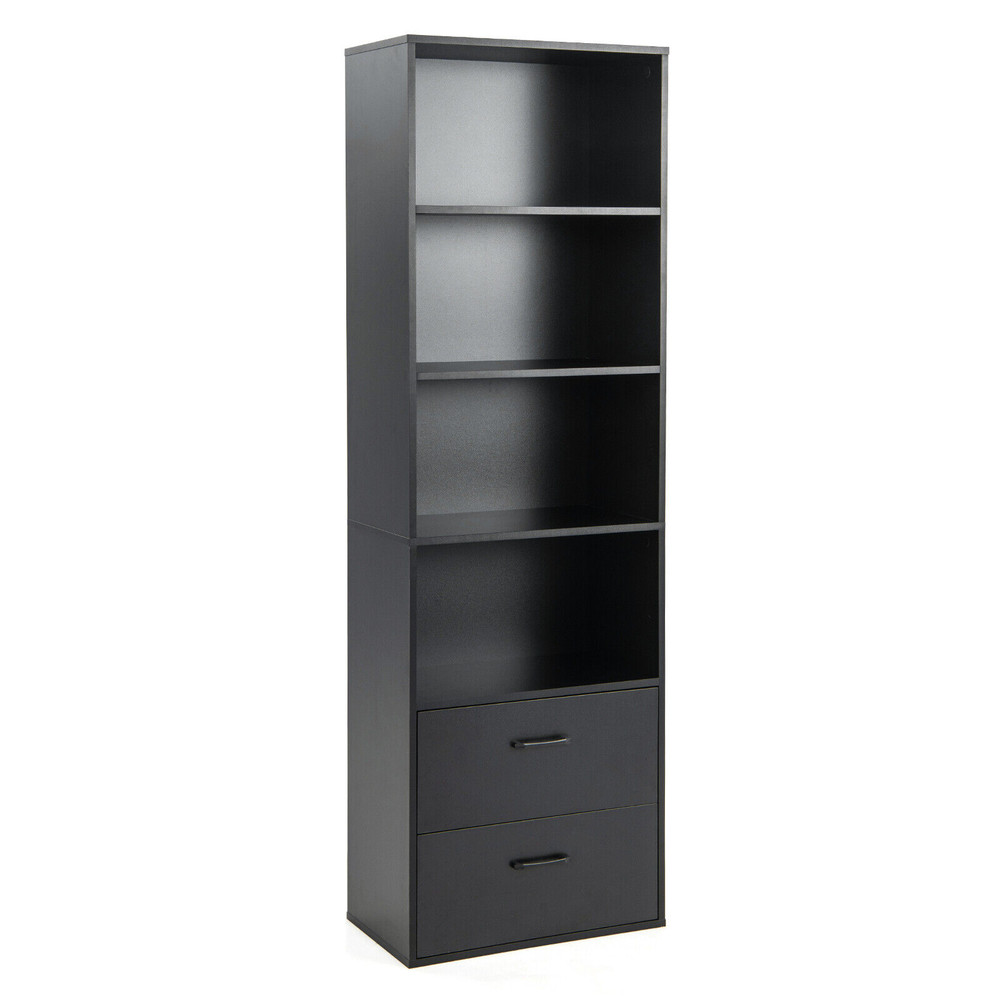Tall Freestanding Bookshelf With 4 Open Shelves 2 Drawers Modern Storage Cabinet 5