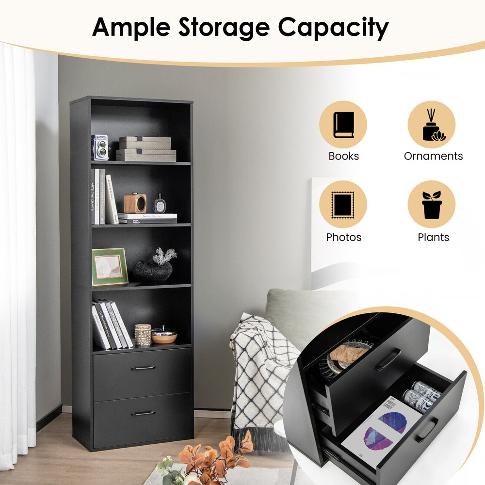 Tall Freestanding Bookshelf With 4 Open Shelves 2 Drawers Modern Storage Cabinet 3