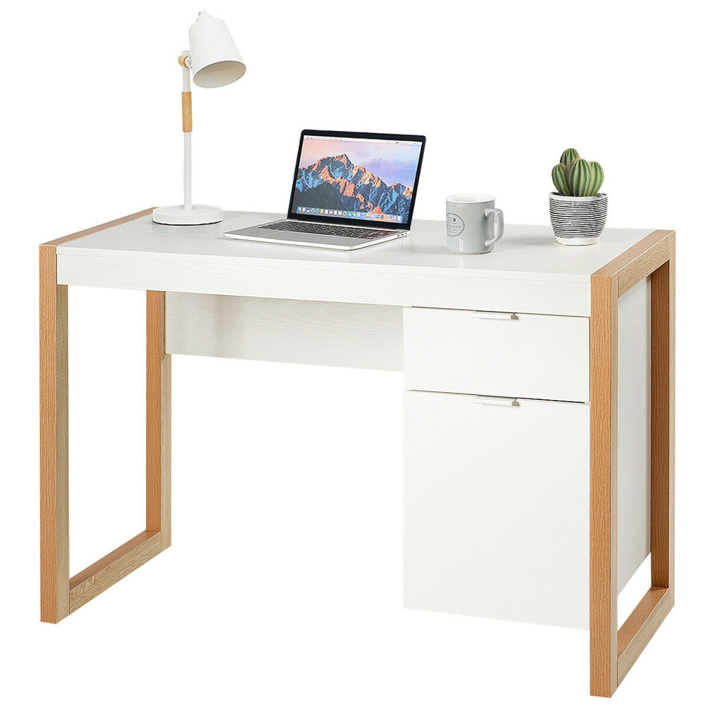 Modern Computer Desk Study Table Writing Workstation With Cabinet And DrawerWhite 5