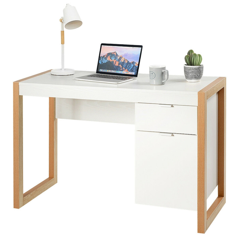 Modern Computer Desk Study Table Writing Workstation With Cabinet And DrawerWhite 5