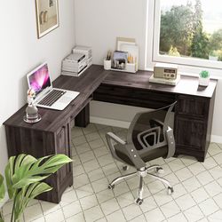 space-saving l-shaped desk with storage, includes keyboard tray & drawers for organization
