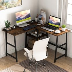 modern l-shaped desk for small spaces, corner computer desk with built-in storage shelves